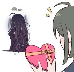 2girls ahoge black_skirt blush box brown_hair danganronpa_(series) danganronpa_another_episode:_ultra_despair_girls fukawa_toko heart-shaped_box holding holding_box kmnm_1403 long_hair long_sleeves multiple_girls naegi_komaru pleated_skirt sad sailor_collar school_uniform short_hair sitting skirt