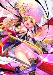 Rule 34 | 1girl, black gloves, black thighhighs, blonde hair, bra, breasts, commentary request, elbow gloves, fate testarossa, fate testarossa (blaze iii), gloves, hair ribbon, henshin, highres, large breasts, long hair, looking up, lyrical nanoha, magical girl, mahou shoujo lyrical nanoha, mahou shoujo lyrical nanoha a&#039;s, mikazuki akira!, open mouth, panties, pink background, red eyes, ribbon, single glove, solo, sparkle, teeth, thighhighs, tongue, twintails, underwear, very long hair, white bra, white panties