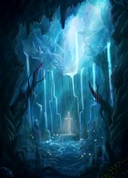 Rule 34 | absurdres, bad id, bad pixiv id, blue theme, cave, fantasy, highres, original, planted, planted sword, planted weapon, scenery, soumura, stalactite, sword, water, waterfall, weapon