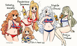 Rule 34 | 5girls, arm support, arrow (symbol), artist name, bare arms, bare legs, bare shoulders, barefoot, bikini, blue bikini, bottle, breasts, brown hair, can, casual one-piece swimsuit, cleavage, closed mouth, commentary, cropped legs, cropped torso, curly hair, danish flag print, finnish flag bikini, finnish flag print, flying sweatdrops, freckles, frederikke (murgoten), grey background, groin, hair over eyes, hair over one eye, hand on own hip, highres, holding, holding bottle, holding can, icelandic flag print, ida (murgoten), katja (murgoten), large breasts, leaning forward, long hair, medium breasts, mole, mole on breast, multiple girls, murgoten, navel, norwegian flag print, one-piece swimsuit, original, parted bangs, ponytail, red bikini, short eyebrows, signature, sigrun (murgoten), simple background, sitting, smile, solid oval eyes, solveig (murgoten), swedish flag bikini, swedish flag print, swimsuit, symbol-only commentary, thick eyebrows, very long hair, wavy mouth, white hair, white one-piece swimsuit