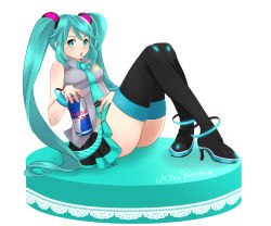 Rule 34 | 1girl, black thighhighs, boots, energy drink, full body, green hair, hatsune miku, high heel boots, high heels, highres, legs, long hair, long legs, looking at viewer, nokko, red bull, shoes, sitting, skirt, solo, thick thighs, thigh boots, thighhighs, thighs, very long hair, vocaloid, white background