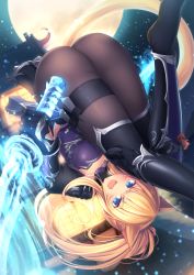 Rule 34 | 1girl, :d, animal ears, armor, ass, black footwear, black gloves, blonde hair, blue eyes, boots, bracer, brown thighhighs, cat ears, cat tail, commentary request, energy sword, facial mark, fang, final fantasy, final fantasy xiv, full moon, gloves, glowing, glowing sword, glowing weapon, highres, kunai, long hair, looking at viewer, miqo&#039;te, moon, mutsuba fumi, night, ninja (final fantasy), open mouth, outdoors, pantyhose, ponytail, reverse grip, shin guards, shoulder armor, smile, solo, sword, tail, thigh boots, thigh strap, thighhighs, upside-down, weapon, whisker markings