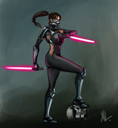 Rule 34 | 1girl, alternate costume, armor, bad deviantart id, bad id, bodysuit, breasts, brown hair, crossover, dual wielding, energy sword, gas mask, glowing, greaves, highres, holding, large breasts, lightsaber, long hair, mask, ponytail, resized, reverse grip, severed head, short sword, shoulder pads, solo, soul calibur, soulcalibur, soulcalibur iv, star wars, stormtrooper, sword, taki (soulcalibur), vambraces, weapon, xiao wei li