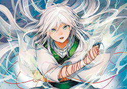 Rule 34 | 1boy, bad id, bad pixiv id, freckles, green eyes, ja&#039;far (magi), long hair, magi the labyrinth of magic, maguchimo, male focus, open mouth, solo, string, weapon, white hair