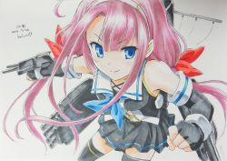 Rule 34 | &gt;:), 1girl, ahoge, armpit peek, artist name, asymmetrical bangs, bare shoulders, belt, beluo77, bent over, black skirt, black thighhighs, blue eyes, blue neckerchief, bow, character name, clenched hands, colored pencil (medium), commentary request, cowboy shot, criss-cross halter, dated, elbow gloves, fingerless gloves, gloves, grey background, hair bow, hairband, halterneck, kantai collection, kawakaze (kancolle), long hair, looking at viewer, looking to the side, low twintails, machinery, midriff peek, neckerchief, outstretched arm, perspective, pleated skirt, pointy ears, red bow, red hair, rigging, sailor collar, school uniform, serafuku, sidelocks, simple background, skirt, solo, thighhighs, traditional media, turret, twintails, v-shaped eyebrows, very long hair, white belt, zettai ryouiki