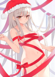 Rule 34 | 1girl, bow, breasts, brown eyes, christmas, closed mouth, commentary request, convenient censoring, cowboy shot, fur-trimmed headwear, fur trim, grey hair, groin, hair between eyes, hand up, hat, highres, hikashou, long hair, looking at viewer, naked ribbon, navel, original, red bow, red hat, red ribbon, ribbon, santa hat, small breasts, solo, very long hair