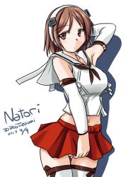 Rule 34 | 10s, 1girl, armpits, breasts, brown eyes, brown hair, character name, dated, detached sleeves, full body, hairband, kantai collection, large breasts, looking at viewer, midriff, natori (kancolle), navel, red skirt, school uniform, serafuku, short hair, skirt, skirt tug, solo, tatsumi ray, twitter username, white background