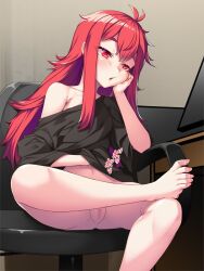 Rule 34 | 1girl, arata, barefoot, black shirt, bored, bottomless, casual, censored, crossed legs, desk, feet, female focus, head rest, highres, indoors, monitor, mosaic censoring, navel, no panties, original, oversized clothes, oversized shirt, pussy, red eyes, red hair, scratching, shirt, single bare shoulder, sitting, solo, swivel chair, toes