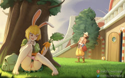 Rule 34 | 1boy, 1girl, against tree, animal ears, barefoot, bartolomeobari, blonde hair, blush, carrot, carrot (one piece), dildo, full body, furry, grass, hat, knees up, naughty face, one piece, open mouth, outdoors, panties, panty pull, patreon logo, patreon username, phallic symbol, pink panties, public indecency, pussy, rabbit ears, rabbit girl, sex toy, short hair, skirt, smile, standing, tree, twitter username, uncensored, underwear, usopp