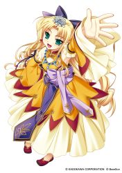 Rule 34 | 1girl, absurdres, arm up, armpits, blonde hair, crown, detached sleeves, dress, enjutsu, full body, green eyes, highres, huge filesize, koihime musou, long hair, official art, outstretched hand, ribbon, saeki hokuto, smile, solo, transparent background, very long hair