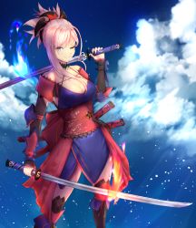 Rule 34 | &gt;;), 1girl, asymmetrical hair, black thighhighs, blue eyes, blue kimono, breasts, cleavage, cloud, cloudy sky, collarbone, commentary, commentary request, day, detached sleeves, dual wielding, earrings, fate/grand order, fate (series), gao kawa, hair ornament, highres, holding, holding sword, holding weapon, japanese clothes, jewelry, katana, kimono, large breasts, leaf print, looking at viewer, maple leaf print, miyamoto musashi (fate), miyamoto musashi (second ascension) (fate), obi, off shoulder, pink hair, ponytail, sash, sky, sleeveless, sleeveless kimono, solo, star (sky), star (symbol), starry sky, sword, thighhighs, v-shaped eyebrows, weapon, wide sleeves