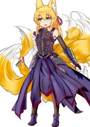 Rule 34 | 1girl, absurdres, alternate costume, animal ears, armor, blonde hair, boots, boy (pixiv17542438), hand fan, fang, gauntlets, highres, kitsune, long hair, mon-musu quest!, monster girl, multiple tails, simple background, skirt, solo, tail, tamamo (mon-musu quest!), white background
