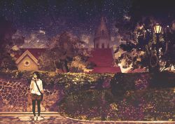 Rule 34 | 1girl, bag, brown hair, bush, church, collared shirt, commentary request, flower, gemi, hand up, ivy, lamppost, looking to the side, night, night sky, original, outdoors, pantyhose, shirt, shorts, shoulder bag, sky, solo, standing, star (sky), starry sky, tree, wall, white shirt, yellow shorts