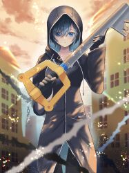 1girl :o absurdres black_coat black_coat_(kingdom_hearts) black_gloves black_hair blue_eyes cloud coat commentary_request gloves highres holding holding_weapon hood hood_up hooded_coat kawame626 keyblade kingdom_hearts kingdom_hearts_358/2_days kingdom_key long_sleeves looking_at_viewer orange_sky outdoors short_hair sky solo sunset swept_bangs weapon xion_(kingdom_hearts)