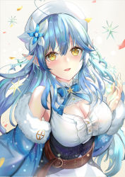 Rule 34 | 1girl, ahoge, bare shoulders, beret, blouse, blue bow, blue flower, blue hair, blue jacket, blue nails, bow, braid, breasts, brown eyes, cleavage, cleavage cutout, clothing cutout, commentary request, confetti, flower, fur-trimmed jacket, fur trim, grey background, hair between eyes, hair flower, hair ornament, hand up, hat, heart, heart ahoge, himonoata, hololive, jacket, long hair, looking at viewer, medium breasts, multicolored hair, nail polish, off shoulder, open clothes, open jacket, parted lips, pointy ears, shirt, simple background, skirt, sleeveless, sleeveless shirt, smile, solo, streaked hair, very long hair, virtual youtuber, white flower, white hat, white shirt, white skirt, yukihana lamy