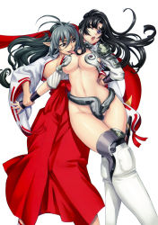 Rule 34 | 2girls, absurdres, armor, bikini armor, black hair, breasts, cleavage, cosplay, costume switch, curvy, echidna (cosplay), echidna (queen&#039;s blade), eiwa, headband, highres, hip focus, japanese clothes, large breasts, long hair, miko, multiple girls, pointy ears, purple eyes, queen&#039;s blade, sword, thighhighs, tomoe (queen&#039;s blade), tomoe (queen&#039;s blade) (cosplay), underboob, weapon, wide hips, yuri
