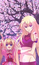 Rule 34 | 2girls, :d, arms up, blonde hair, blue eyes, bow, breasts, breasts apart, cherry blossoms, choker, collarbone, corset, crop top, crossed arms, day, densetsu no yuusha no densetsu, dress, ferris eris, floating hair, frilled sleeves, frills, hair bow, hair intakes, highres, iris eris, jamu (runtatta), long hair, looking at viewer, looking up, midriff, multiple girls, navel, open mouth, outdoors, pink dress, red bow, short sleeves, siblings, sisters, sleeveless, small breasts, smile, stomach, twintails, very long hair, wrist cuffs