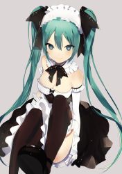 Rule 34 | 1girl, aqua eyes, aqua hair, asymmetric gloves, asymmetrical gloves, bare shoulders, black bow, black thighhighs, blush, bow, breasts, cleavage, collar, detached collar, dress, frilled collar, frilled dress, frilled gloves, frills, gloves, grey background, hair between eyes, hair bow, hatsune miku, long hair, looking at viewer, lpip, maid, maid headdress, medium breasts, shoes, simple background, sitting, skirt, smile, solo, strapless, strapless dress, thighhighs, tsurime, twintails, uneven gloves, very long hair, vocaloid, white gloves