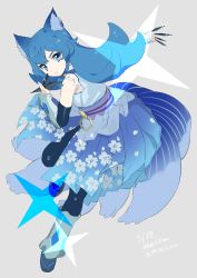 Rule 34 | &gt;:o, 1girl, :o, absurdres, animal ears, blue dress, blue eyes, blue hair, character request, dated, detached sleeves, dress, floral print, full body, geta, grey background, highres, holding, holding weapon, kunai, long hair, looking at viewer, mameojitan, parted lips, precure, precure dream stars, sash, shuriken, signature, simple background, solo, standing, standing on one leg, tabi, v-shaped eyebrows, vambraces, weapon