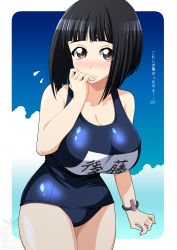 Rule 34 | 1girl, artist logo, black eyes, black hair, blue sky, blunt bangs, blunt ends, blush, bob cut, bracelet, breasts, character name, cleavage, closed mouth, cloud, cloudy sky, commentary, cowboy shot, day, flying sweatdrops, girls und panzer, gotou moyoko, hand to own mouth, highres, ichijou takakiyo, jewelry, large breasts, leaning forward, light frown, looking at viewer, medium hair, name tag, outdoors, outside border, rounded corners, short hair, sky, solo, standing, translated