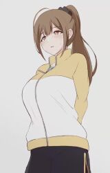 1girl 2021 ahoge animated bad_tag breasts brown_eyes brown_hair eyebrows glolywonder grey_background h264_(codec) hair_between_eyes hair_ornament hair_scrunchie heat high_ponytail hot huge_breasts idolmaster jacket kuwayama_chiyuki large_breasts long_hair no_audio open_clothes open_jacket open_mouth partially_unzipped ponytail scrunchie shirt shorts simple_background solo sportswear standing steam steaming_body sweat sweat_stain sweaty_clothes t-shirt tagme the_idolm@ster:_shiny_colors track_jacket undressing unzipping video wet wet_clothes