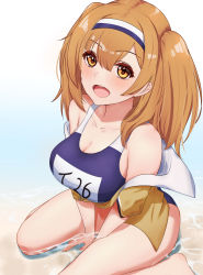 Rule 34 | 1girl, absurdres, arugou, breasts, brown eyes, collarbone, hairband, highres, i-26 (kancolle), kantai collection, large breasts, light brown hair, long hair, name tag, new school swimsuit, one-piece swimsuit, school swimsuit, sitting, solo, swimsuit, swimsuit under clothes, two-tone hairband, two side up, wariza