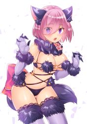 Rule 34 | 1girl, :o, animal ears, bare shoulders, blush, bow, breasts, cleavage, detached collar, elbow gloves, eyes visible through hair, fate/grand order, fate (series), fur-trimmed gloves, fur-trimmed legwear, fur collar, fur trim, gloves, gluteal fold, hair over one eye, highres, large breasts, leaning forward, looking at viewer, mash kyrielight, mash kyrielight (dangerous beast), navel, official alternate costume, open mouth, pink bow, pink hair, purple eyes, purple gloves, purple legwear, revealing clothes, shiny skin, short hair, simple background, solo, standing, stomach, white background, wolf ears
