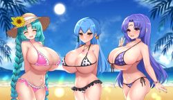 Rule 34 | 2021, 3girls, aqua hair, arm up, arms behind back, ass, bikini, blue hair, braid, breasts, canal vorfeed, cardfight!! vanguard, cleavage, closed eyes, closed mouth, collarbone, cowboy shot, crossover, dimension252525, embarrassed, facial mark, forehead mark, frilled bikini, frilled swimsuit, frills, gillian chen, happy, hat, highres, horns, huge breasts, jewelry, long hair, looking at viewer, lost universe, low twintails, multiple girls, open mouth, outdoors, pendant, pink bikini, polka dot, polka dot bikini, polka dot swimsuit, purple eyes, purple hair, reverie vorfeed, self-upload, shiny skin, shortstack, sidelocks, sun hat, swimsuit, thighs, tongue, twin braids, twintails, very long hair, white bikini, yellow eyes