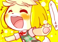 Rule 34 | 1girl, animal crossing, blonde hair, blush, closed eyes, furry, furry female, isabelle (animal crossing), nintendo, open mouth, short hair, solo