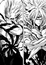 Rule 34 | 2boys, abs, absurdres, armor, chikidney, closed mouth, colored sclera, crossed arms, garou (one-punch man), highres, injury, light smile, lord boros, male focus, monochrome, multiple boys, muscular, muscular male, one-eyed, one-punch man, pointy ears, scar, scar on face, spiked arm, spiked hair, topless male, upper body, white background