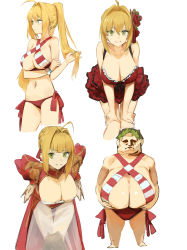 Rule 34 | 1boy, 1girl, absurdres, ahoge, arm grab, bad id, bad pixiv id, bikini, blonde hair, braid, breasts, cleavage, closed mouth, criss-cross halter, cropped legs, dokshuri, dress, epaulettes, fate/grand order, fate (series), flower, french braid, green eyes, grin, hair bun, hair flower, hair intakes, hair ornament, halterneck, hand in own hair, hands on own hips, hands on own knees, highres, juliet sleeves, large breasts, layered dress, leaning forward, light frown, long dress, long hair, long sleeves, looking at viewer, looking to the side, multiple views, name connection, navel, nero claudius (fate), nero claudius (fate) (all), nero claudius (fate/extra), nero claudius (swimsuit caster) (fate), nero claudius caesar augustus germanicus, official alternate costume, puffy sleeves, red dress, red flower, see-through, short dress, short hair, side-tie bikini bottom, simple background, single hair bun, smile, spaghetti strap, standing, striped bikini, striped clothes, swimsuit, twintails, white background