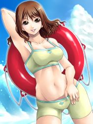 Rule 34 | 1990s (style), 1girl, arm behind head, arm up, armpits, bare arms, bikini, bikini shorts, blue sky, breasts, brown eyes, brown hair, cameltoe, cissnei, cleavage, cloud, collarbone, crisis core final fantasy vii, facing viewer, final fantasy, final fantasy vii, hand up, happy, innertube, looking at viewer, matching hair/eyes, medium breasts, medium hair, midriff, multicolored bikini, multicolored bikini shorts, multicolored bikini top, multicolored clothes, navel, open mouth, outdoors, retro artstyle, shorts, sky, smile, solo, standing, swim ring, swimsuit, teeth, thumb in waistband, tongue, turks (ff7), yaso shigeru