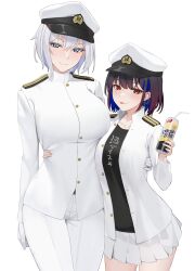 Rule 34 | 2girls, absurdres, beer can, bendy straw, black hair, black shirt, blue eyes, breasts, can, colored inner hair, drink can, drinking straw, ear piercing, earrings, epaulettes, female admiral (kancolle), gloves, grey hair, hair between eyes, hat, highres, holding, holding can, jewelry, kantai collection, large breasts, long sleeves, looking at viewer, medium breasts, military, military hat, military uniform, multicolored hair, multiple girls, naval uniform, pants, peaked cap, piercing, red eyes, shirt, short hair, simple background, skirt, smile, strong zero, takaman (gaffe), tongue, tongue out, uniform, white background, white gloves