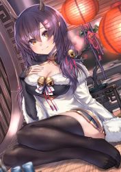 Rule 34 | 1girl, azur lane, bell, black hair, black thighhighs, blush, breasts, brown eyes, cleavage, commentary request, flower, hair bell, hair between eyes, hair ornament, hairclip, highres, horns, jingle bell, large breasts, long hair, looking at viewer, nagara (azur lane), nagara (spring breeze leisure) (azur lane), pointy ears, sitting, skirt, smile, solo, thighhighs, twintails, zombie mogura