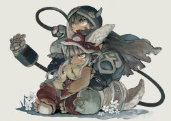 Rule 34 | 1boy, 1girl, :3, brown eyes, cape, commentary request, ears through headwear, ebimomo, facial mark, flower, furry, helmet, made in abyss, mechanical arms, mitty (made in abyss), nanachi (made in abyss), regu (made in abyss), sidelocks, single mechanical arm, sitting, white hair