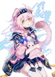 Rule 34 | 1girl, absurdres, animal, animal ears, arknights, black hairband, black skirt, blue bow, blush, bow, braid, cat, cat ears, cat girl, cat tail, chinese commentary, coat, collar, commentary request, garter straps, goldenglow (arknights), hair bow, hair over shoulder, hairband, highres, holding, holding animal, holding cat, id card, lightning bolt print, long hair, looking at viewer, open clothes, open coat, open mouth, pink coat, pink hair, polka dot, polka dot background, scottish fold, shirt, signature, single braid, sitting, skirt, solo, striped clothes, striped thighhighs, tail, tearing up, tears, thighhighs, tuzidemengmianjiang, vertical-striped clothes, vertical-striped thighhighs, white shirt, white thighhighs, yellow eyes, zettai ryouiki