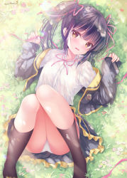 Rule 34 | 1girl, black hair, black jacket, black skirt, black socks, blush, brown eyes, brown flower, collared shirt, commentary request, cropped jacket, dress shirt, fang, feet out of frame, flower, hair ribbon, hands up, highres, jacket, kodama haruka, long hair, long sleeves, looking at viewer, lying, neck ribbon, no shoes, off shoulder, on back, on grass, open clothes, open jacket, panties, pinching sleeves, pink flower, pink ribbon, pleated skirt, purple flower, ribbon, school uniform, shirt, signature, skirt, sleeves past wrists, socks, solo, sousouman, twinbox school, twintails, underwear, wavy mouth, white panties, white shirt
