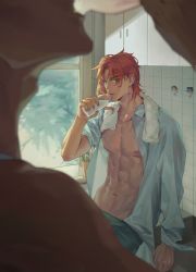 Rule 34 | 2boys, abs, asymmetrical bangs, bare pectorals, blue shirt, blurry, blurry foreground, bottle, commentary request, drinking, earrings, highres, indoors, jewelry, jojo no kimyou na bouken, kakyoin noriaki, kuujou joutarou, long sleeves, looking at viewer, male focus, medium hair, milk, milk bottle, mmmilk, multiple boys, muscular, muscular male, navel, open clothes, open shirt, parted lips, pectorals, red hair, shirt, towel, towel around neck