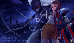 Rule 34 | 2girls, ass, bare shoulders, bat (animal), bike shorts, black hair, bodysuit, breasts, chain, claws, corruption, digimon, digimon adventure 02, evil smile, full moon, ladydevimon, large breasts, long hair, looking at viewer, medium breasts, moon, multiple girls, night, parted lips, red eyes, shiny skin, short hair, sideboob, silver hair, smile, teng zhai zi, yagami hikari