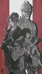 Rule 34 | 2boys, 2girls, arm up, bald, beard, book, character request, closed mouth, collarbone, commentary, english commentary, facial hair, forehead, hair bun, highres, holding, holding book, holding sword, holding weapon, japanese clothes, katana, kimono, long sleeves, looking at viewer, monochrome, multiple boys, multiple girls, mustache, open book, scarf, sekiro: shadows die twice, sword, sword behind back, torn clothes, torn scarf, weapon, weapon on back, wide sleeves, zhanghan