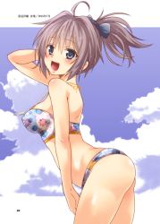 Rule 34 | 1girl, :d, absurdres, ahoge, aoba (kancolle), arched back, ass, bare arms, bare shoulders, bikini, blue bow, blue eyes, bow, breasts, character name, cloud, covered erect nipples, cowboy shot, day, dog tags, eyebrows, floral print, from side, hair between eyes, hair bow, hair ornament, halterneck, hand on own head, high ponytail, highres, jewelry, kantai collection, leaning forward, looking at viewer, medium breasts, necklace, non-web source, open mouth, outside border, ponytail, print bikini, purple hair, shiny skin, shoulder blades, sidelocks, sky, smile, solo, summer, swimsuit, thighs, yua (checkmate)