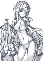 Rule 34 | 10s, 1girl, asuna (sao), bra, breasts, cleavage, clothes hanger, groin, holding, holding clothes, lingerie, long hair, matsuryuu, monochrome, navel, panties, sketch, smile, solo, sword art online, underwear, underwear only