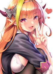Rule 34 | 1girl, :d, black hairband, black thighhighs, blunt bangs, blush, bow, breast press, breasts, demon girl, demon horns, fang, female focus, from side, gradient hair, hairband, heart, hololive, horn bow, horn ornament, horns, kase daiki, kiryu coco, kiryu coco (1st costume), knees to chest, knees up, large breasts, long hair, long sleeves, looking at viewer, looking to the side, multicolored hair, open mouth, orange hair, purple hair, red eyes, sideboob, simple background, single thighhigh, sitting, smile, solo, striped, striped bow, thighhighs, upper body, v, virtual youtuber, white background