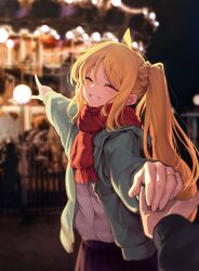 Rule 34 | 1girl, absurdres, black sweater, blonde hair, bocchi the rock!, carousel, green jacket, highres, holding hands, ijichi nijika, jacket, jewelry, ky dako, night, pointing, pov, pov hands, red scarf, ring, scarf, shirt, side ponytail, skirt, sweater, wedding ring, white shirt