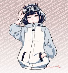 Rule 34 | 1girl, absurdres, arm up, text background, bai bo, black hairband, blush, commentary request, cropped torso, goggles, goggles on head, gradient background, grey background, hairband, hand in pocket, happy birthday, head tilt, high collar, highres, jacket, jitomi monoe, long sleeves, looking at viewer, magnet, nail polish, parted lips, puffy long sleeves, puffy sleeves, red eyes, red nails, smile, solo, upper body, virtual youtuber, voms, white jacket, zipper pull tab