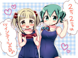 Rule 34 | 2girls, :d, blush, brown eyes, competition school swimsuit, goggles, green eyes, green hair, hidamari sketch, light brown hair, multiple girls, nagayama yuunon, nazuna (hidamari sketch), nori (hidamari sketch), old school swimsuit, one-piece swimsuit, open mouth, school swimsuit, short hair, short twintails, smile, swimsuit, twintails