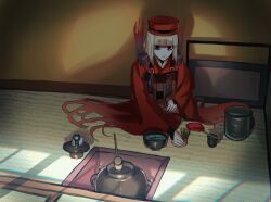 Rule 34 | 1girl, apron, araiyoko (fxcw5834), bags under eyes, black eyes, blonde hair, blunt bangs, bob cut, brown apron, chagama (pot), chajinbou, chasen, closed mouth, commentary request, cup, disembodied hand, expressionless, fate/grand order, fate (series), flower knot, ghost hands, hand on lap, hands on another&#039;s shoulders, indoors, japanese clothes, kimono, ladle, looking at viewer, looking up, medium hair, no pupils, pale skin, red kimono, seiza, sen no rikyu (fate), sen no rikyu (first ascension) (fate), shadow, sitting, solo, sunlight, tatami, tea ceremony, wide sleeves, window shadow, yunomi