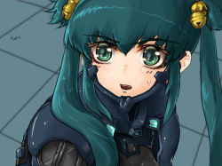 Rule 34 | 1girl, aqua hair, black bodysuit, bodysuit, commentary request, cui yifei, fortified suit, green eyes, highres, long hair, looking to the side, meme, muv-luv, muv-luv alternative, muv-luv total eclipse, nanabankarasu, open mouth, pilot suit, portrait, sailor moon redraw challenge (meme), short twintails, solo, sweatdrop, tile floor, tiles, twintails, v-shaped eyebrows