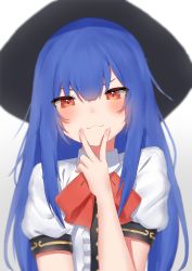Rule 34 | 1girl, :3, absurdres, black hat, blue hair, blurry, blush, bow, bowtie, center frills, closed mouth, depth of field, eyebrows hidden by hair, frills, hand up, hat, highres, hinanawi tenshi, long hair, puffy short sleeves, puffy sleeves, red bow, red bowtie, red eyes, short sleeves, simple background, slepp, soft focus, solo, touhou, upper body, v-shaped eyebrows, v over mouth, very long hair, white background, wing collar