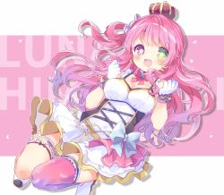 Rule 34 | 1girl, breasts, candy hair ornament, character name, cleavage, crescent, crescent earrings, crown, earrings, food-themed hair ornament, food themed hair ornament, frilled skirt, frills, gloves, green eyes, hair ornament, heterochromia, highres, himemori luna, hololive, hololive idol uniform, jewelry, kosuzume, layered skirt, legband, medium breasts, mini crown, one side up, open mouth, pink hair, purple eyes, single thighhigh, skirt, smile, solo, thighhighs, virtual youtuber, wavy hair, white gloves